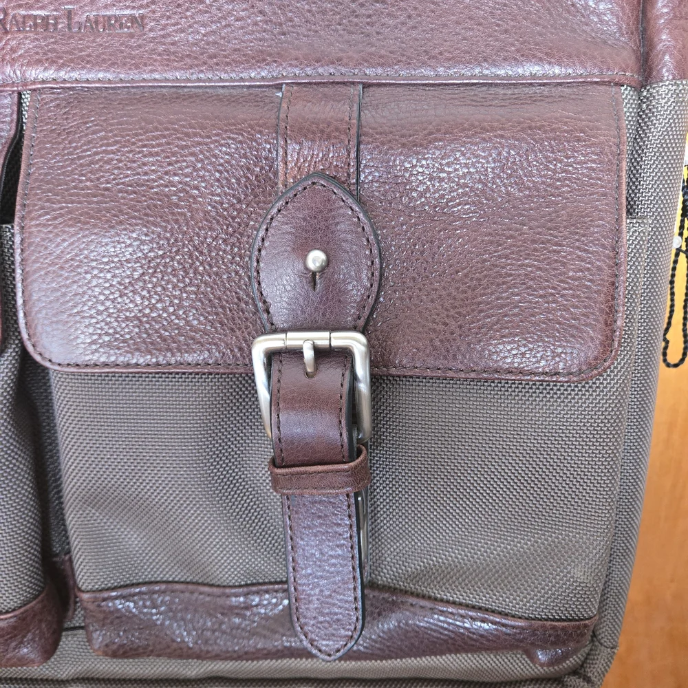 Polo Ralph Lauren Leather Canvas Heritage Logo Messenger Laptop Bag Brown Khaki
